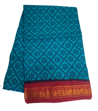 Chettinad Sungudi Cotton Deep Aqua Blue Colour with Printed Saree