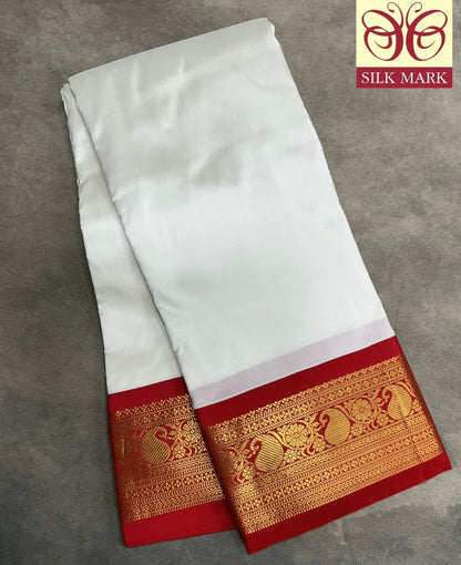 Pure Kanchipuram Silk Saree White Colour with Red Colour Border