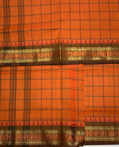 Chettinad Cotton Saree Orange Shade with Brown Border