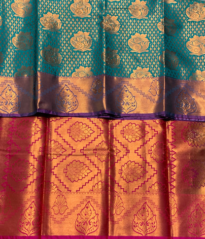Vegan Silk Saree Green Colour with Copper and Magenta Border