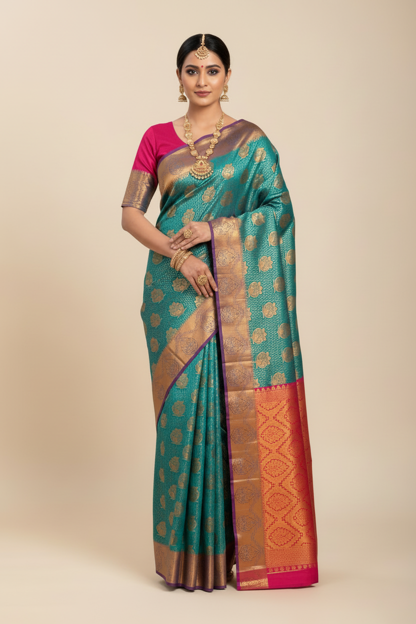 Vegan Silk Saree Green Colour with Copper and Magenta Border