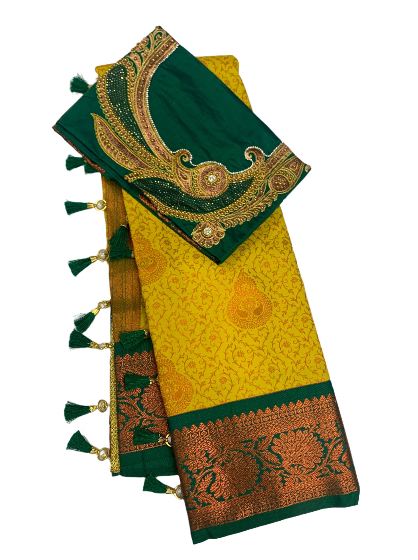 Bridal Vegan Silk Saree Yellow shade with Green Border with Unstitched blouse in Aari work