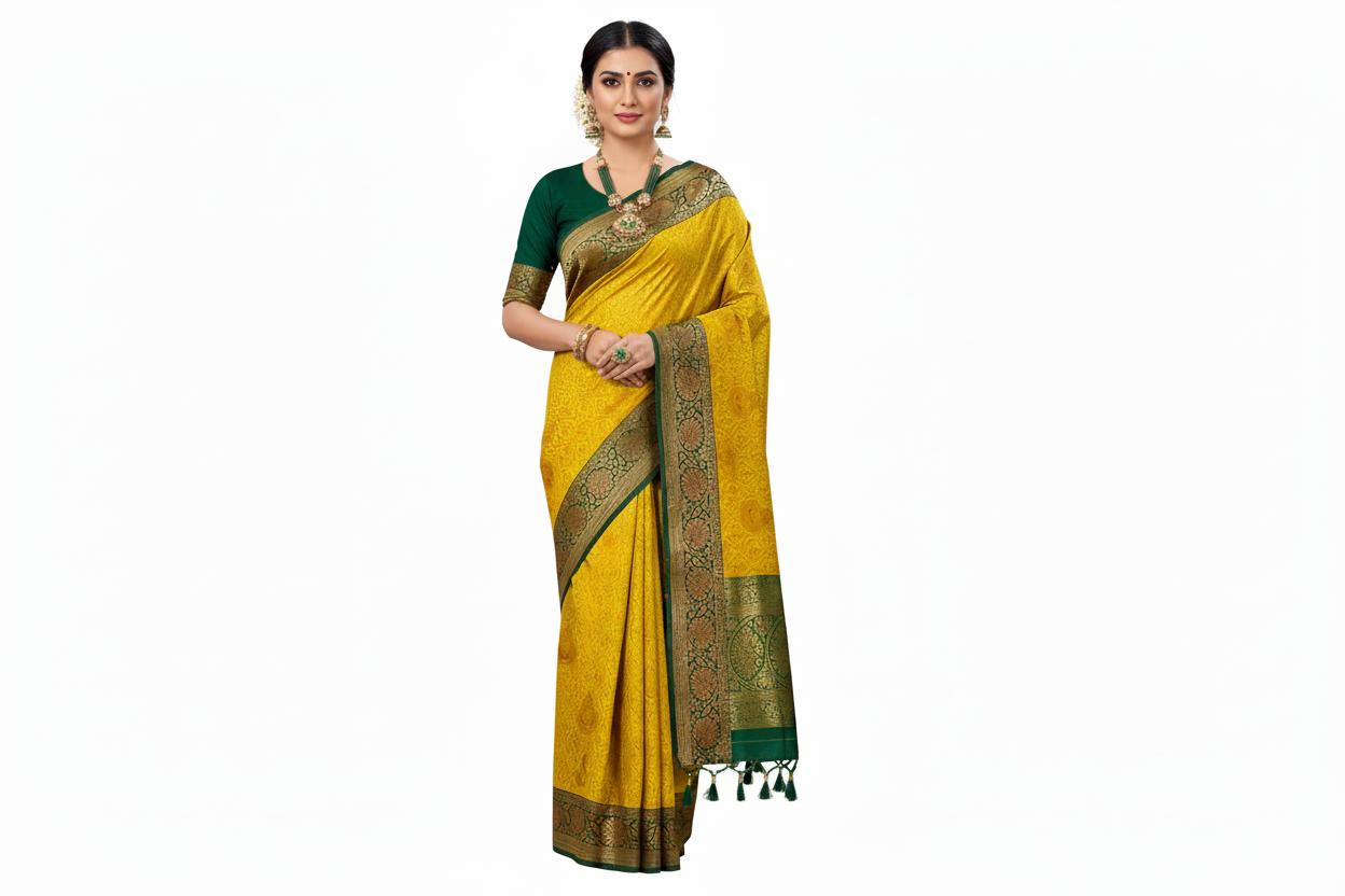 Bridal Vegan Silk Saree Yellow shade with Green Border with Unstitched blouse in Aari work