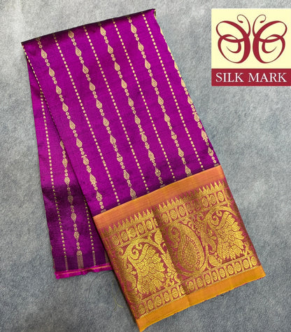 Purple Shade Pure Kanchipuram Kids Pattu Pavadai with Contrast Border for Newborn to 2 Years