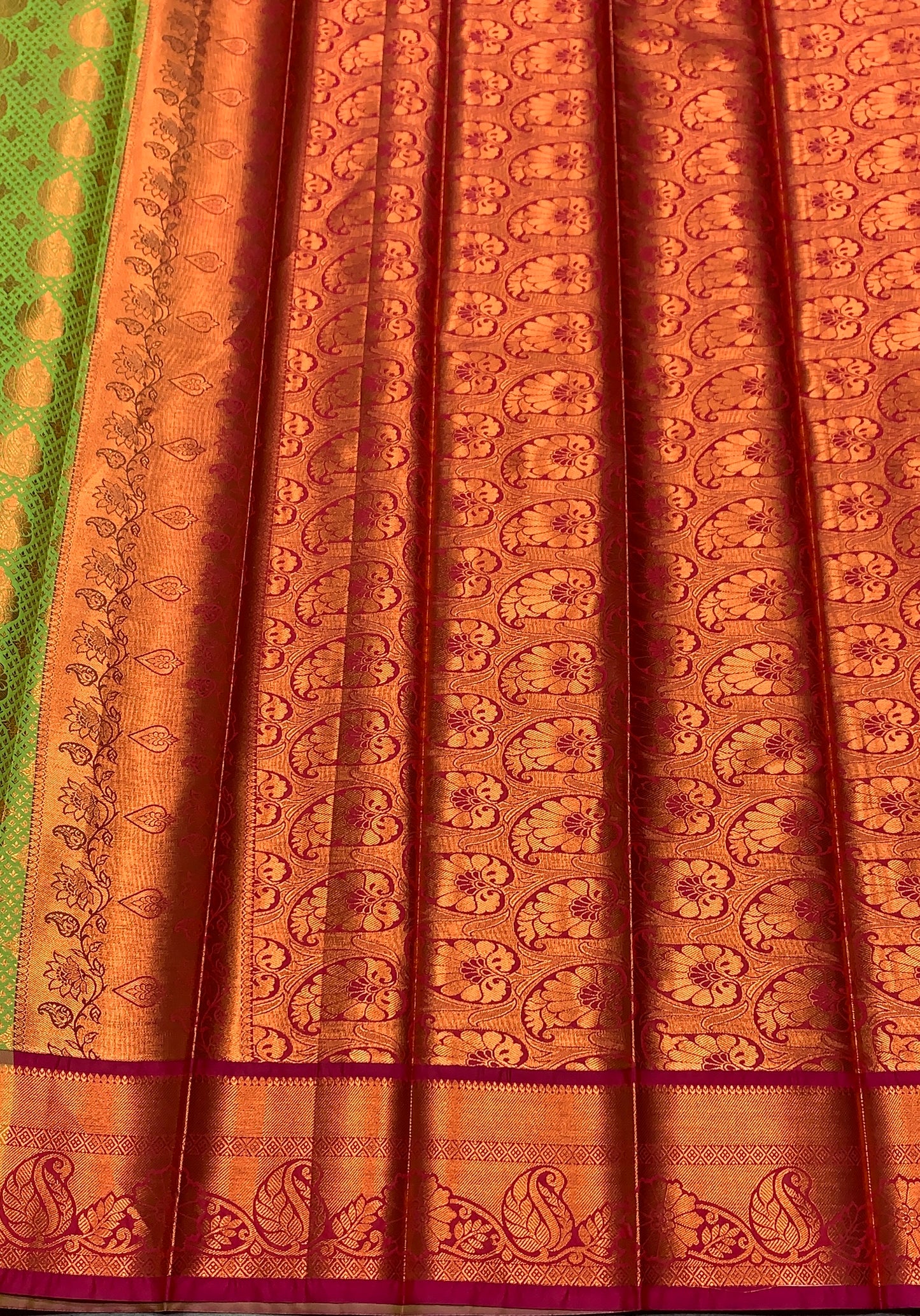 Vegan Silk Saree Apple Green Colour with Pink and Copper Border