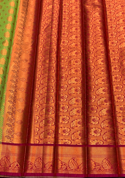Vegan Silk Saree Apple Green Colour with Pink and Copper Border