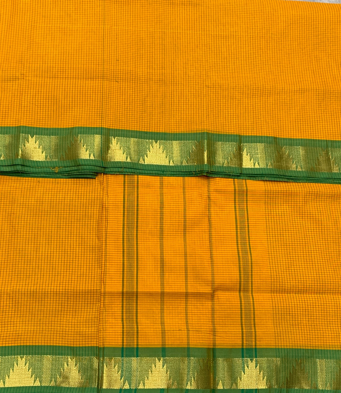 9 yards Cotton Saree Mustard Colour with Light Green and Temple Border