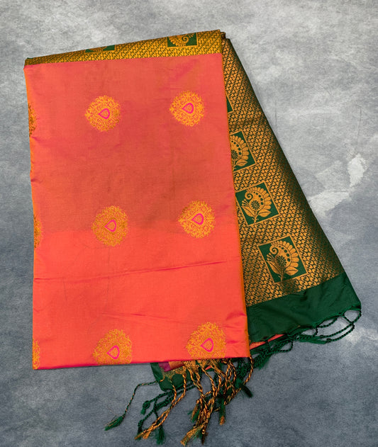 Soft Vegan Silk Saree Salmon Colour with Green and Copper Border