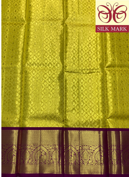 Yellow Shade Pure Kanchipuram Kids Pattu Pavadai with Contrast Border for age 5 to 10