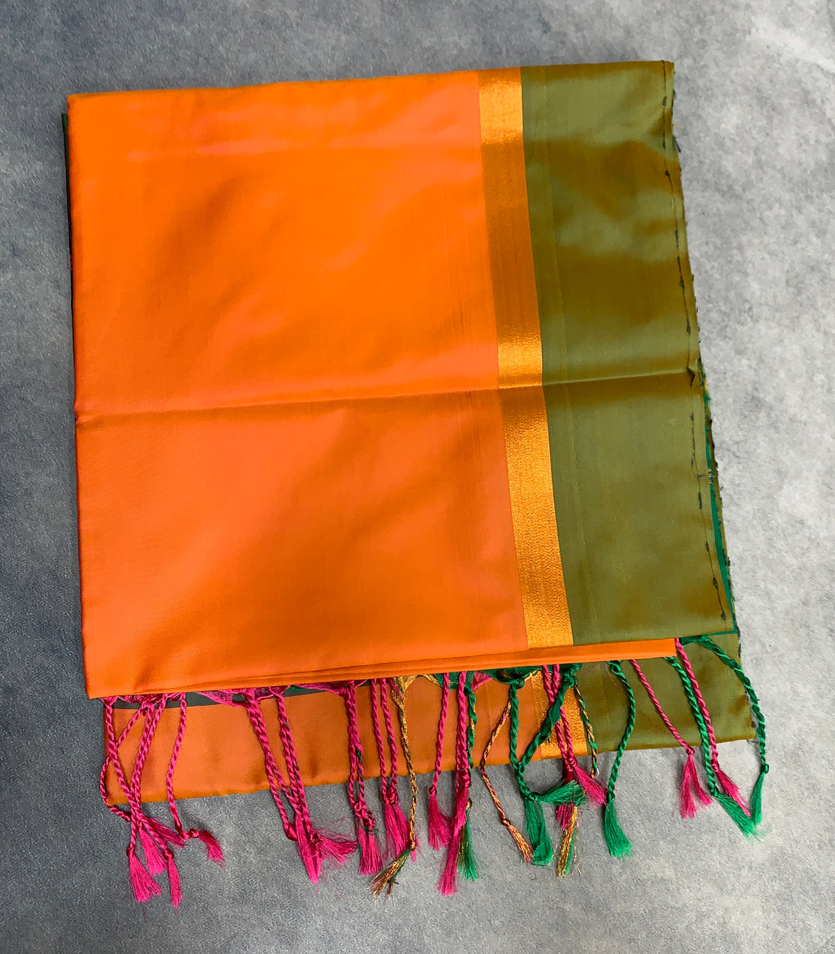 Art Silk Saree Orange Colour with Green and Copper Border