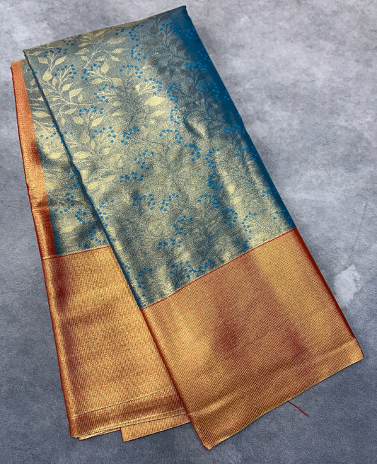 Fancy Tissue Saree Sky Blue Colour with Orange Colour Border