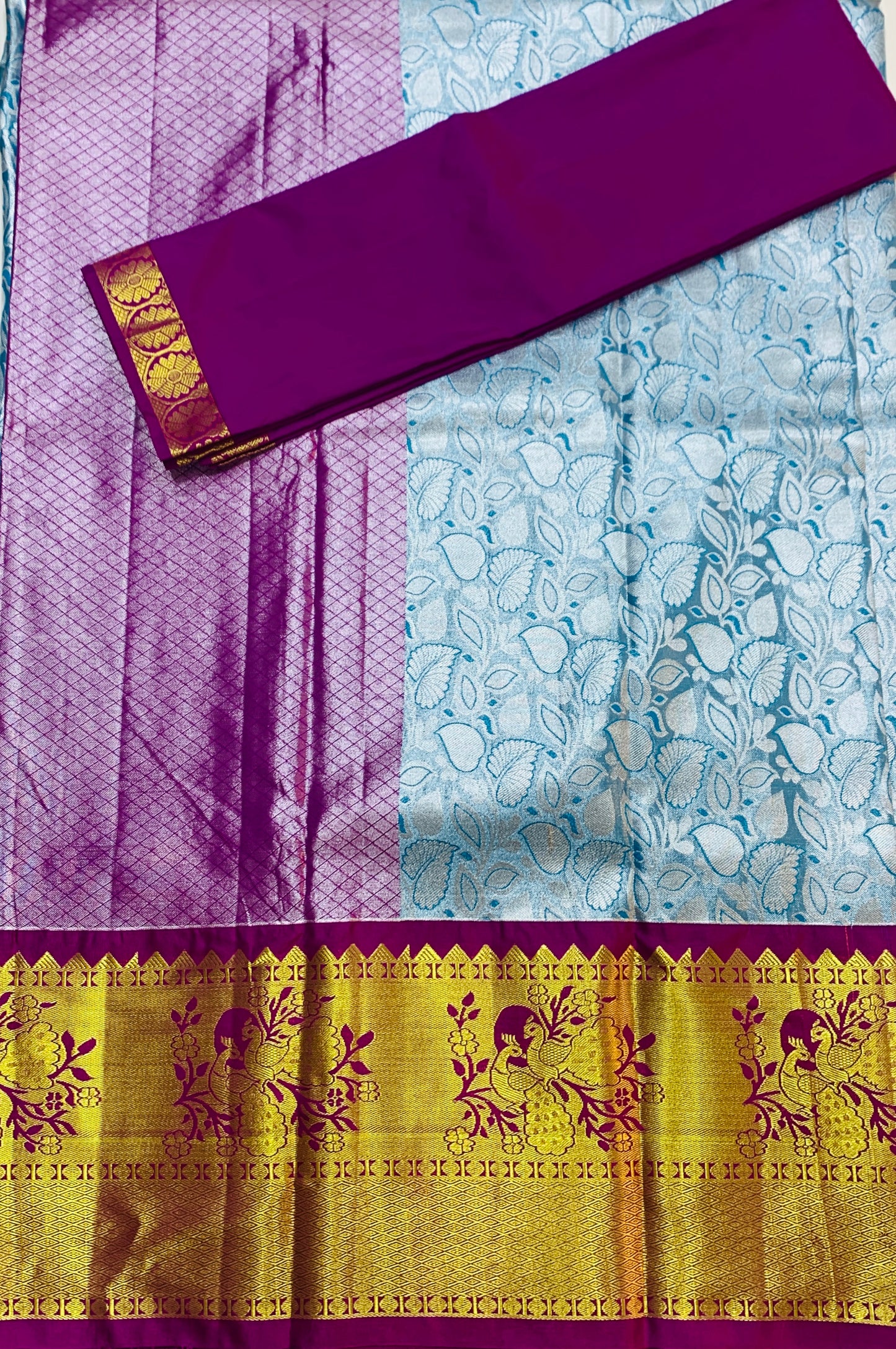 Sky Blue Shade Vegan Silk Half Saree Contrast Border for age above 10 years