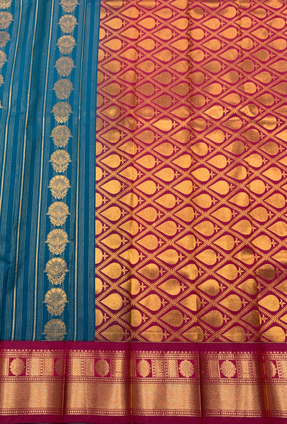 Vegan Silk Saree Peacock Blue Colour Saree with Dark Pink Colour Contrast Border