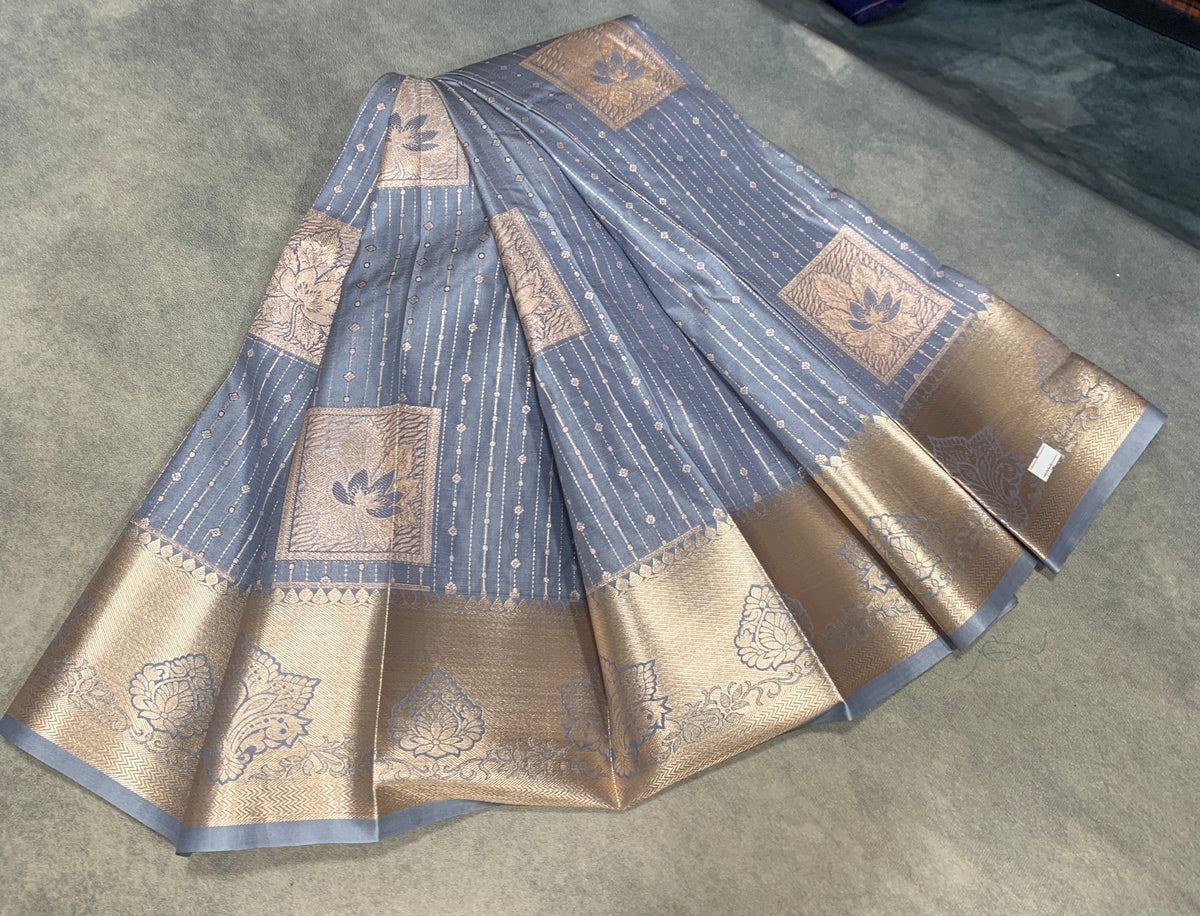 Soft Silk Casual Saree Grey with Sliver Zari Border