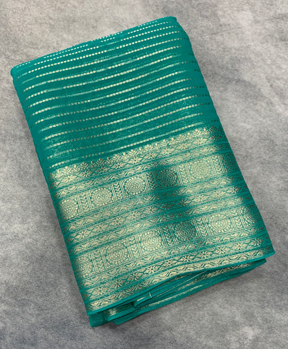 Georgette Saree Rama Green Colour with Sliver Floral Design Border