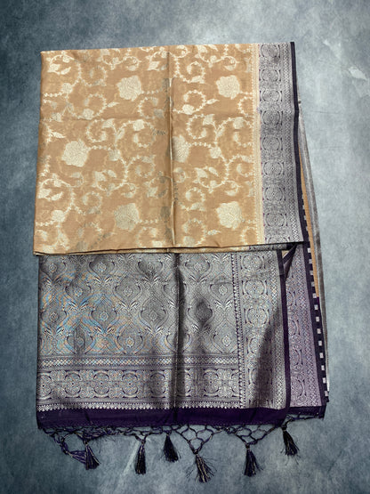 Soft Silk Casual Saree Biscuit Colour with Dark Magenta Colour Border