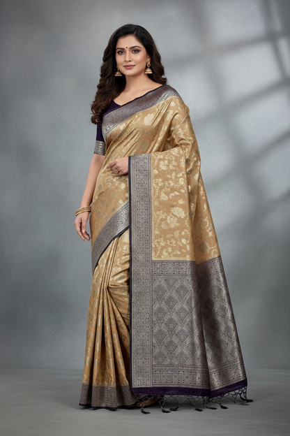 Soft Silk Casual Saree Biscuit Colour with Dark Magenta Colour Border