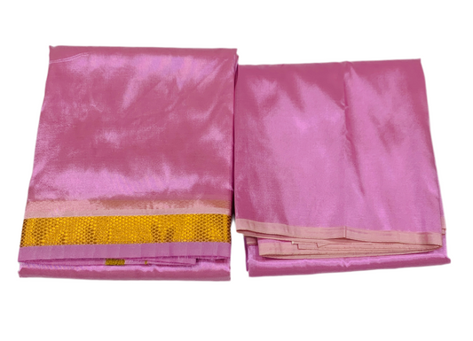 Pastel Light Baby Pink Pattu Dhothi and Shirt Material Combo