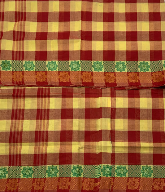 Chettinad Cotton Saree Red and Yellow Colour with Checked Design