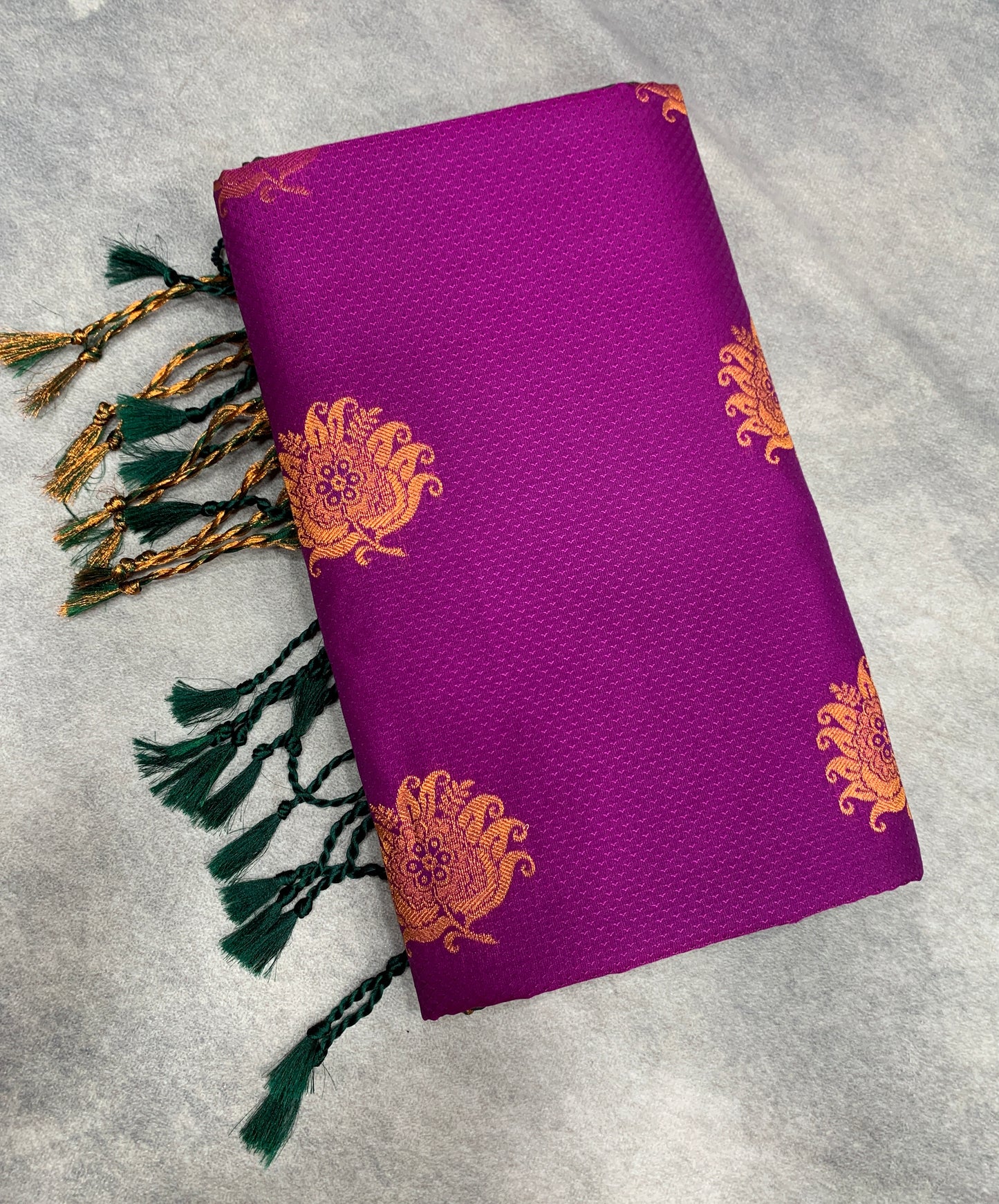 Soft Vegan Silk Saree Purple Colour with Green and Copper Border
