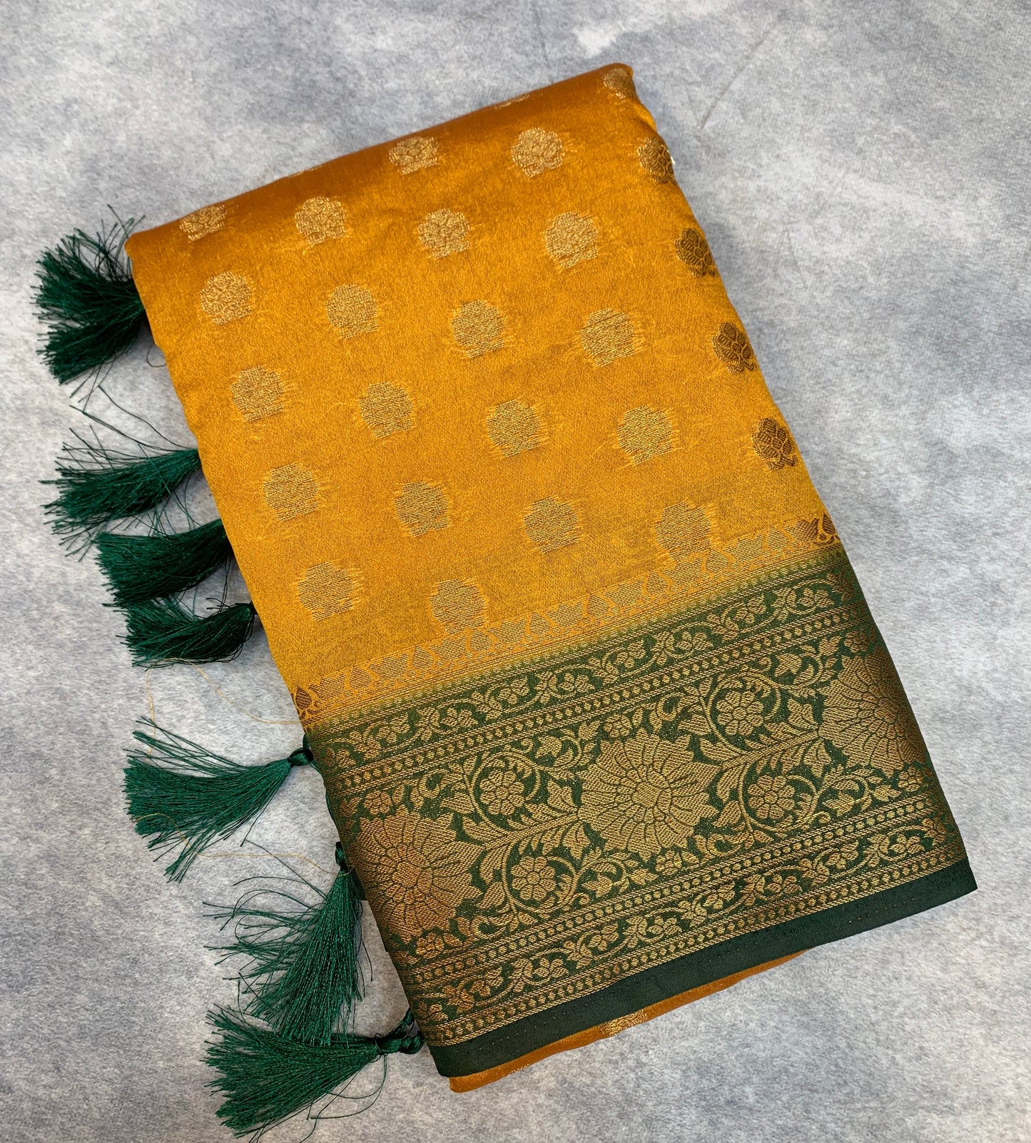 Crepe Saree Mustard Colour with Green Border