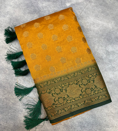 Crepe Saree Mustard Colour with Green Border