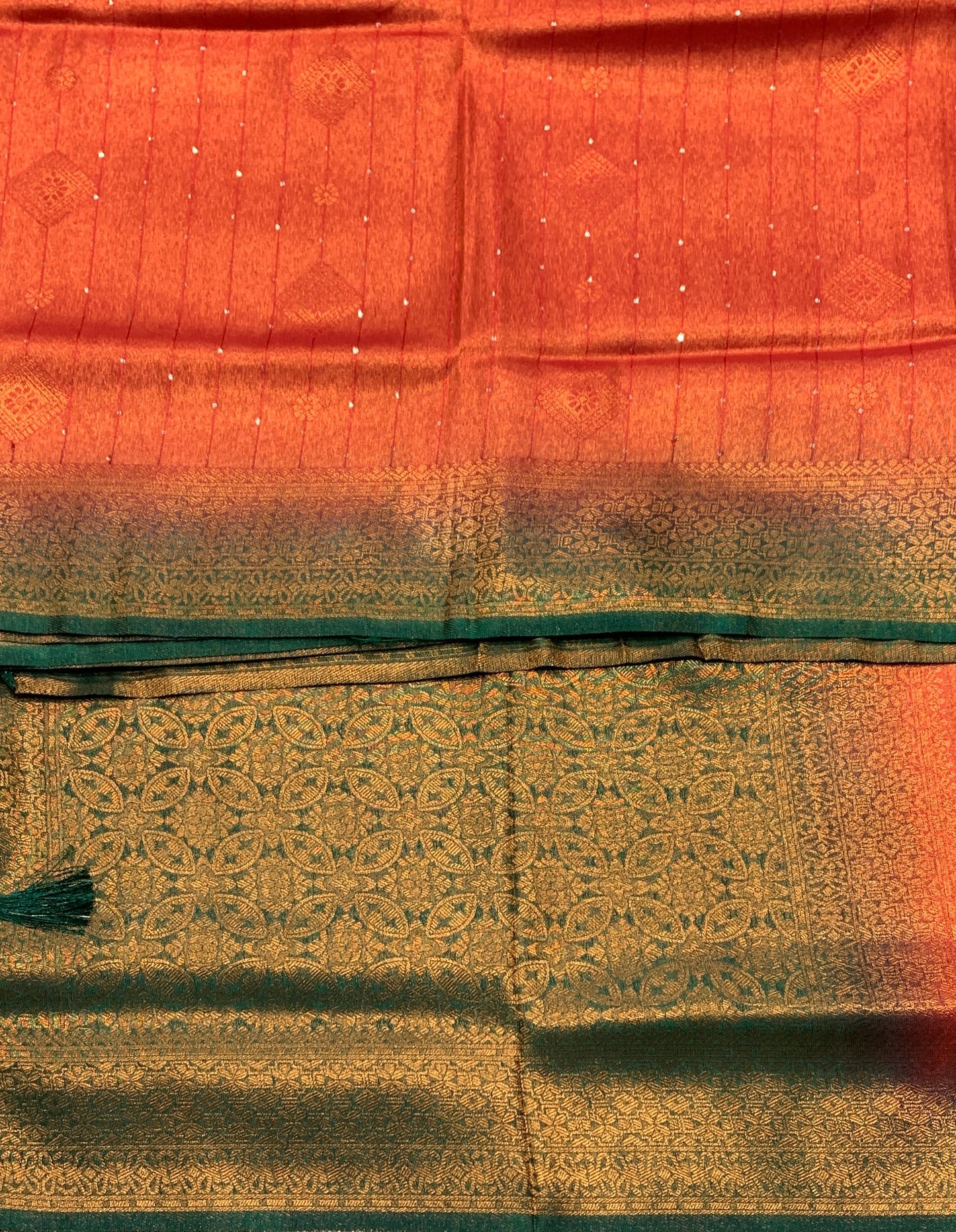 Soft Silk Saree Red Colour and Stone Work with Green Colour Pallu