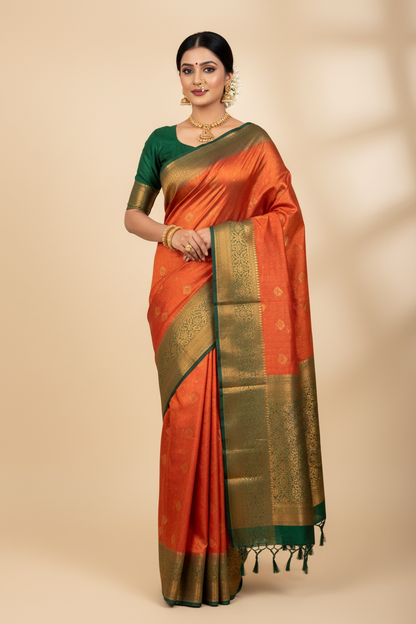 Soft Silk Saree Red Colour and Stone Work with Green Colour Pallu