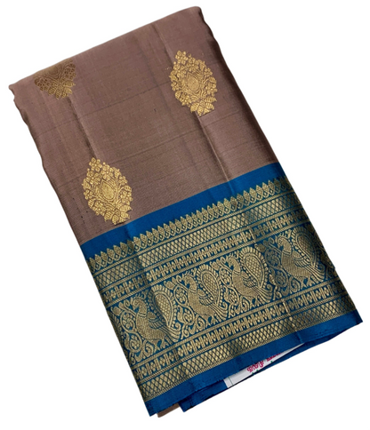 Pure Kanchipuram Silk Chocolate Brown Colour with Sky Blue Border