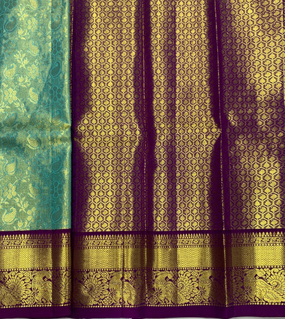 Sapphire shade Pure kanchipuram Kids Pattu Pavadai with contrast border for newborn to 2 Years