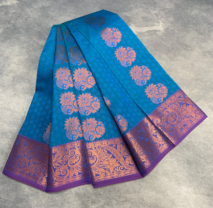 Vegan Silk Saree Sky Blue Colour Saree with Copper Border