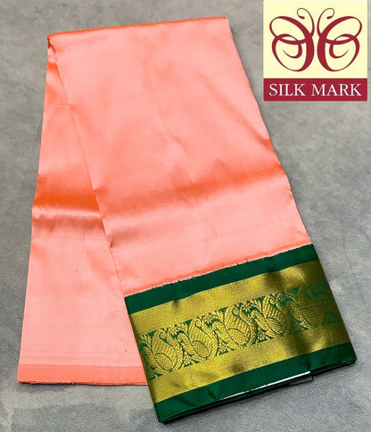 Peach Shade Pure Kanchipuram Kids Pattu Pavadai with Contrast Border for age 2 to 5