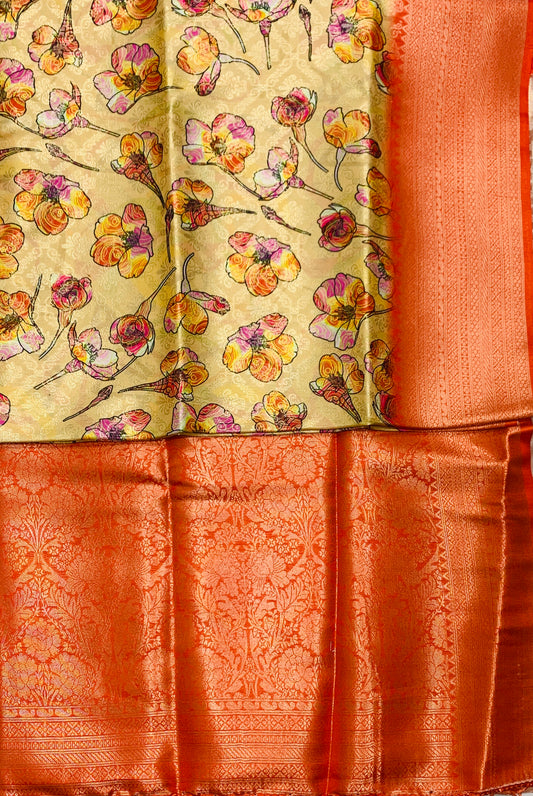 Digital Print Silk Saree Orange Colour with Floral Pattern