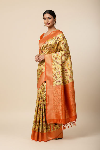 Digital Print Silk Saree Orange Colour with Floral Pattern