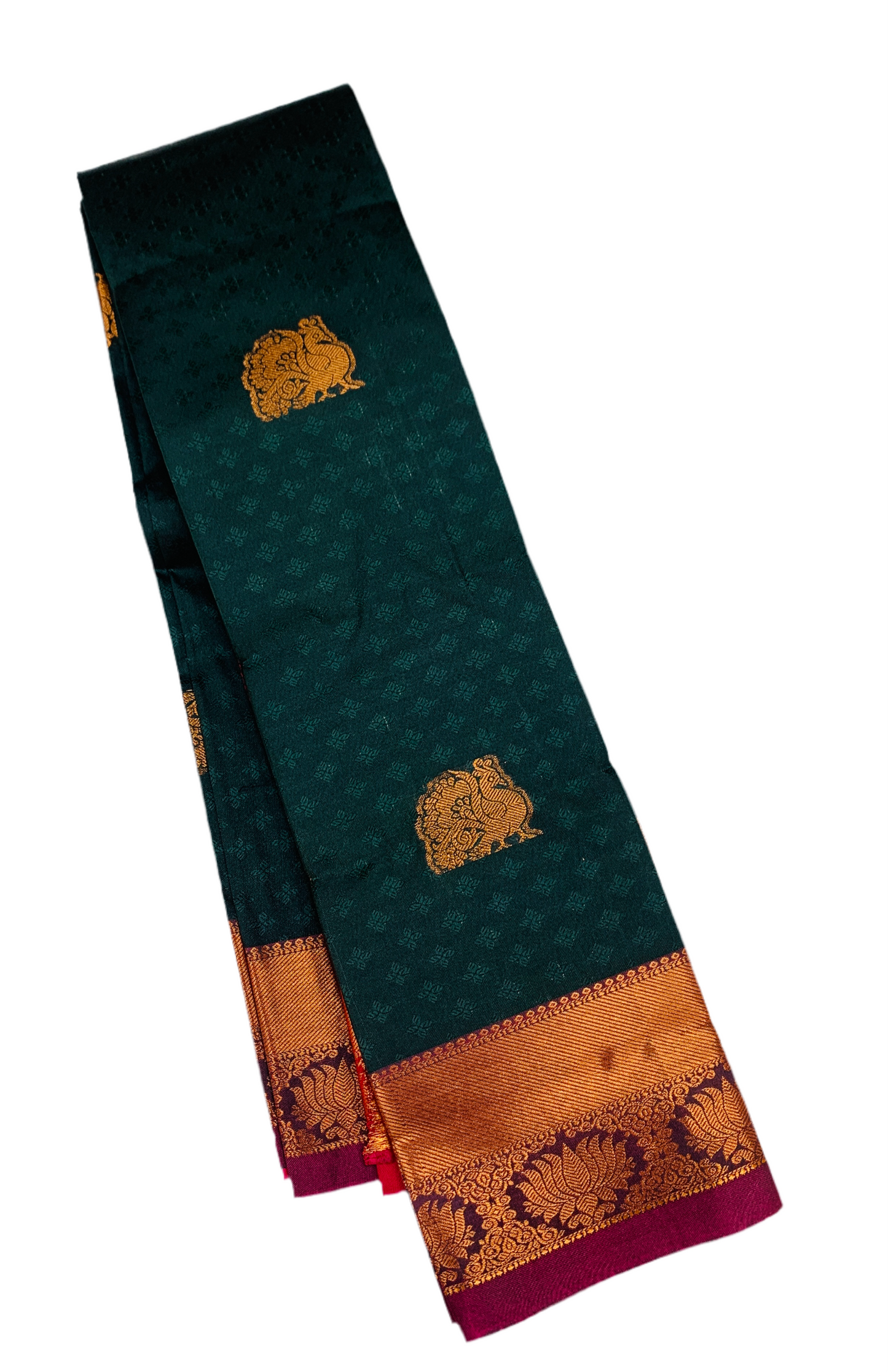 Dark Green Shade Silk Cotton Saree with Copper Zari Border and Floral Design