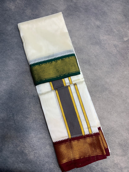 Art Silk Dhoti 8 Mulam in Cream with Medium Ganga Jamuna(Green/ Maroon) Border