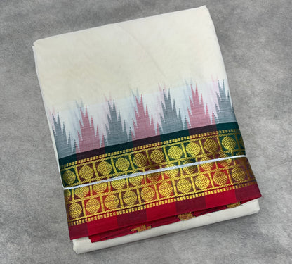 9X5 Korvai Cotton Dhoti Half White Colour with Green and Maroon Border