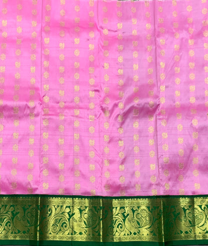 Rose Pink Shade Pure Kanchipuram Kids Pattu Pavadai with Contrast Border for Newborn to 2 Years