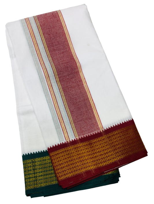 9X5 Cotton Dhoti White Colour with Maroon and Green Border