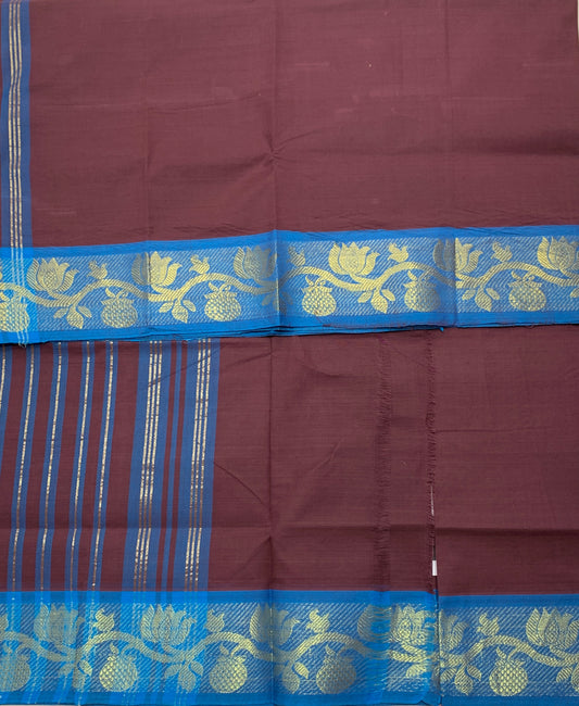 Chettinad Cotton Saree Magenta Colour with Sky Blue Border