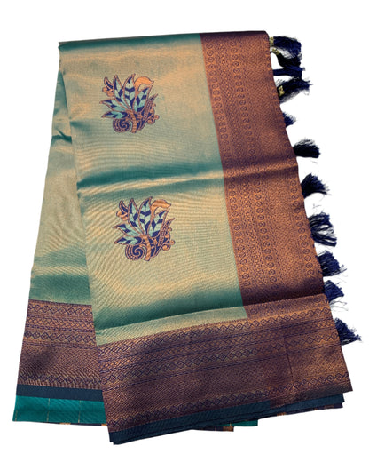 Art Silk Peacock Green Colour Saree with Navy Blue Border