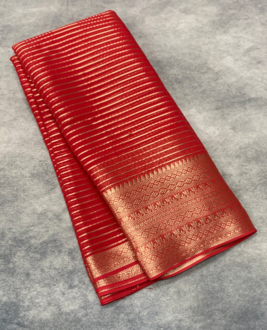 Georgette Saree Red Colour with Sliver Floral Design Border