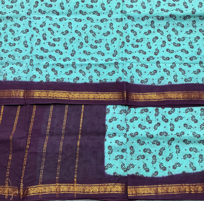 Chettinad Sungudi Cotton Sapphire Colour with Brown Colour Border