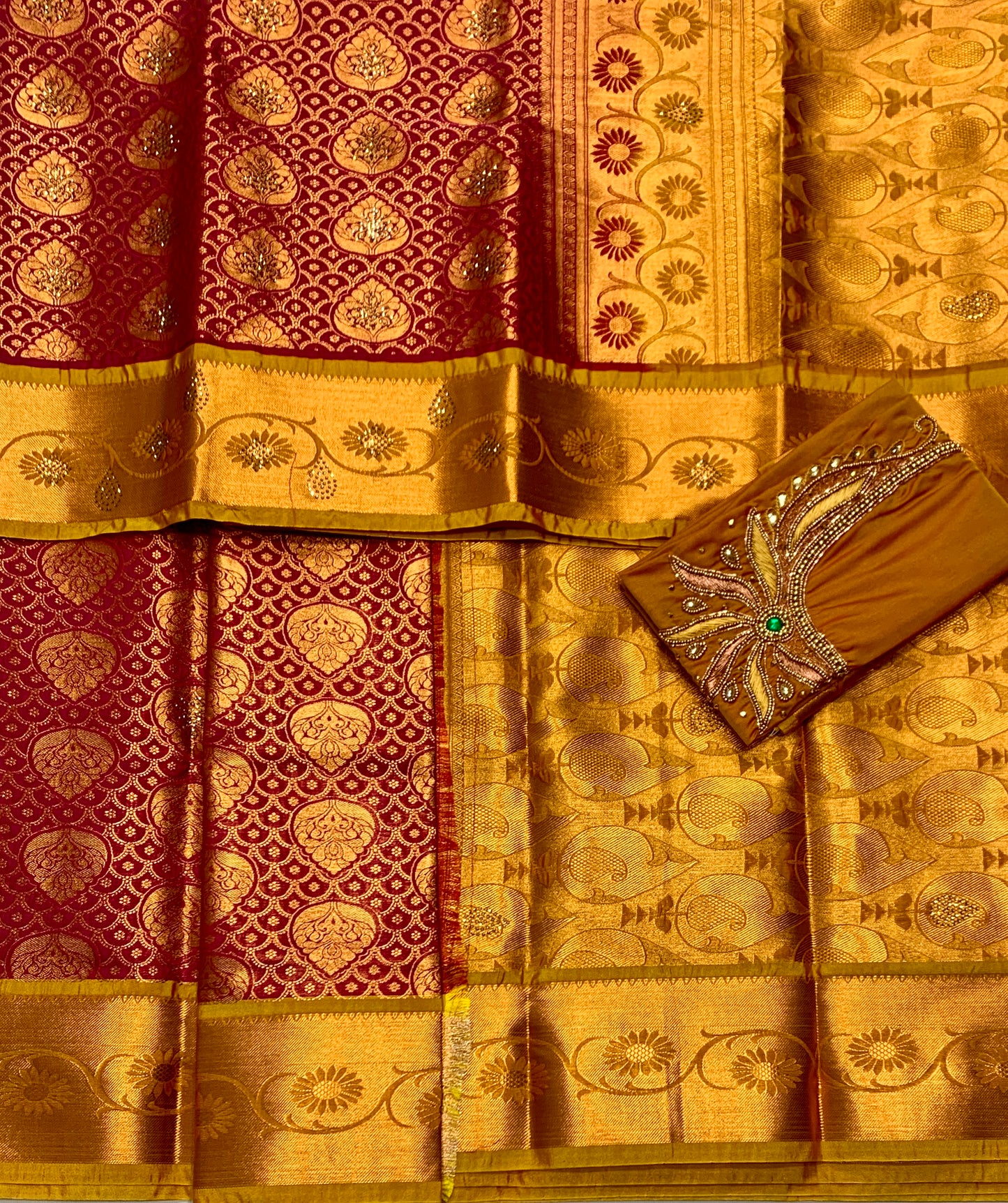 Bridal Vegan Silk Saree Pink shade with Mustard Border with Unstitched blouse in Aari work