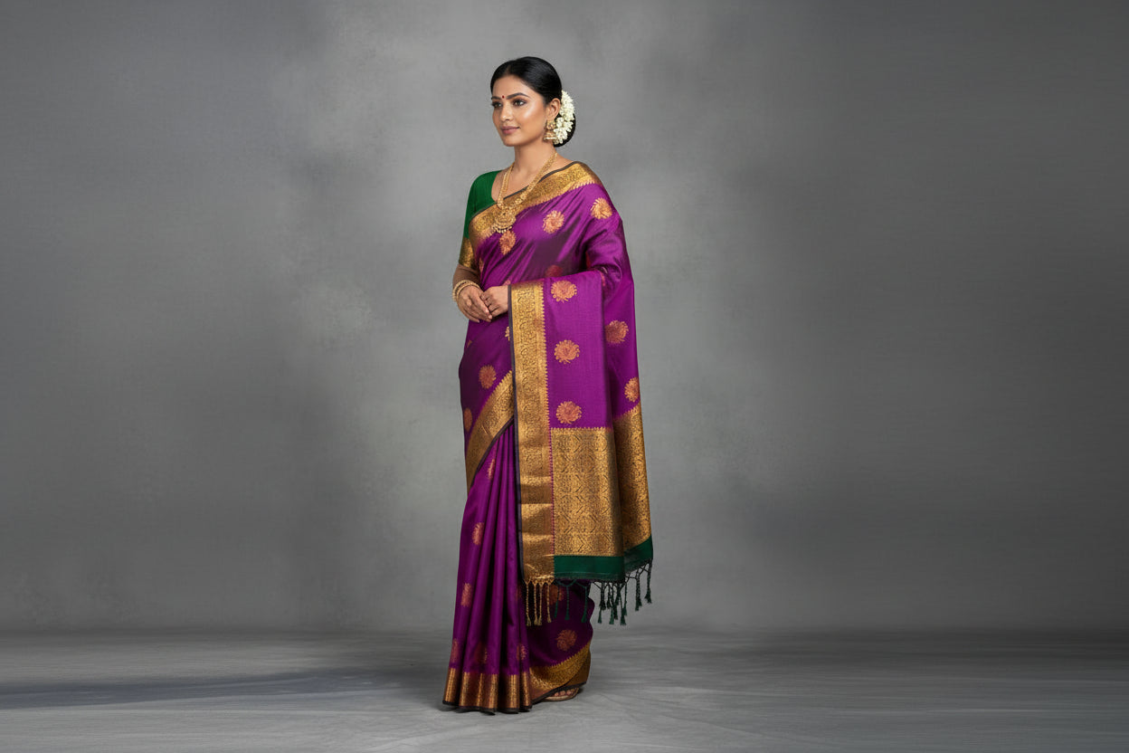 Soft Vegan Silk Saree Purple Colour with Green and Copper Border