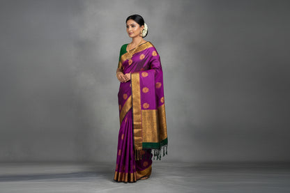 Soft Vegan Silk Saree Purple Colour with Green and Copper Border