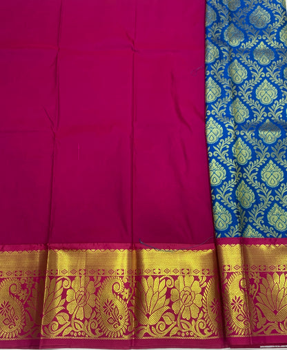 Blue shade Vegan Silk Kids Pattu Pavadai with contrast border for age 5 to 10