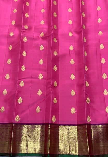 Pure Kanchipuram Silk Pink Colour with Magenta and Golden Zari Border