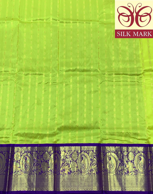 Lime Green shade Pure Kanchipuram Kids Pattu Pavadai with Contrast Border for age 5 to 10