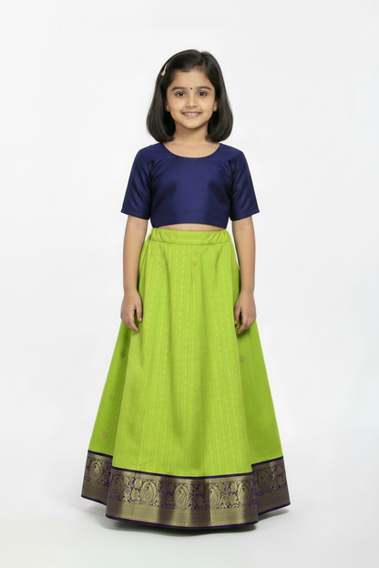Lime Green shade Pure Kanchipuram Kids Pattu Pavadai with Contrast Border for age 5 to 10